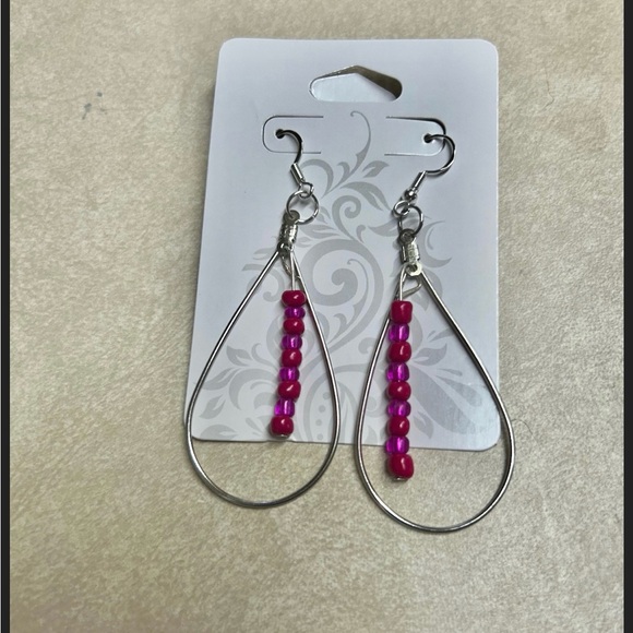 Pink Bead Tear Drop Earrings , Silver - Picture 4 of 4